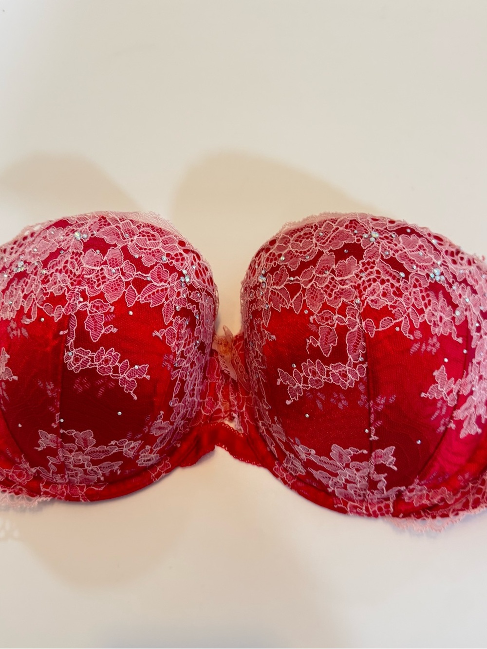 Victoria's Secret Red Strapless Lace Bra with Pink Floral Overlay
